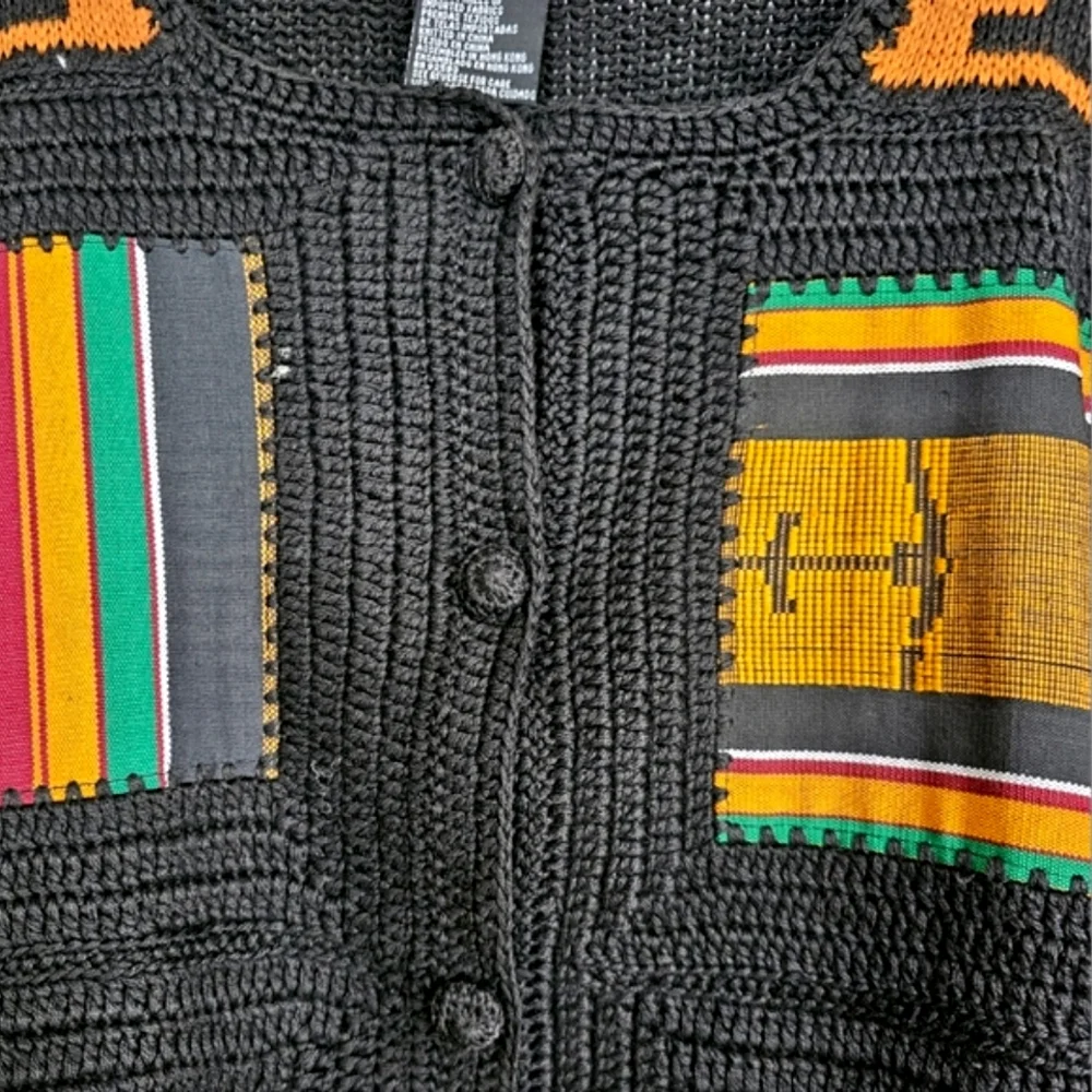 Vintage N8tive Nits Cardigan Sweater Womens Size M Black Gold African Pattern‎